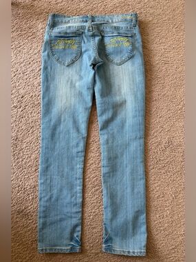 Ed Hardy Light Blue Skinny Jeans with Yellow Embroidered Back Pockets